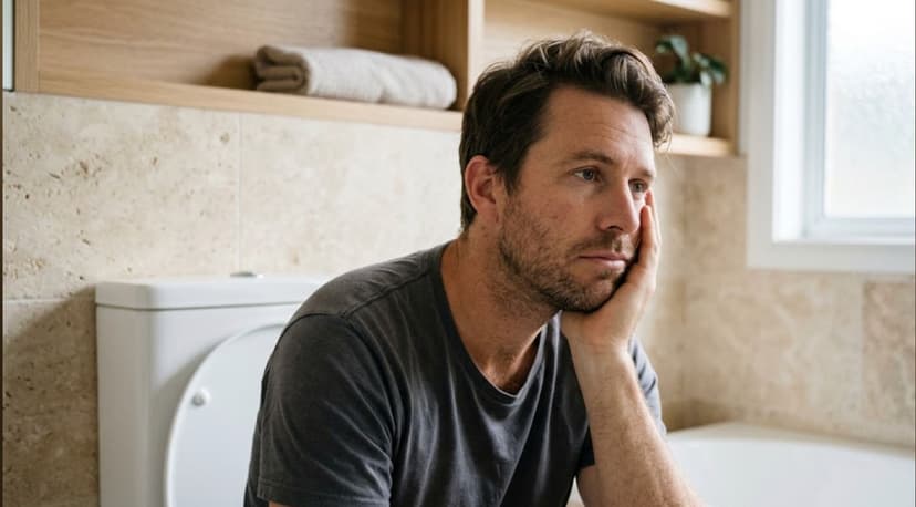 An angled close-up of a man in a grey t-shirt resting his cheek against his hand with a pensive, impatient expression, seated in a bright modern bathroom with warm neutral tiles and a white toilet cistern in the background.
