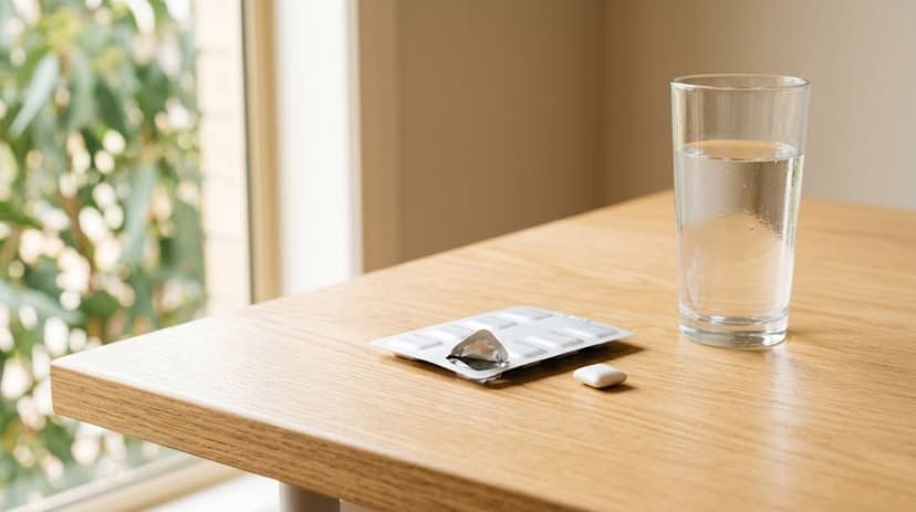 a piece of nicotine gum taken out of its foil packaging and placed on the table together with its packaging. Beside them is a glass of room temperature water.
