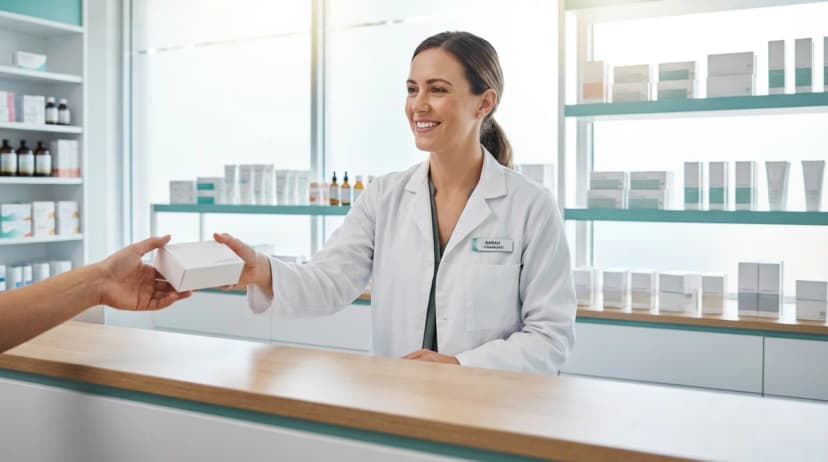 Pharmacist handing over a prescription package at an Australian pharmacy counter
