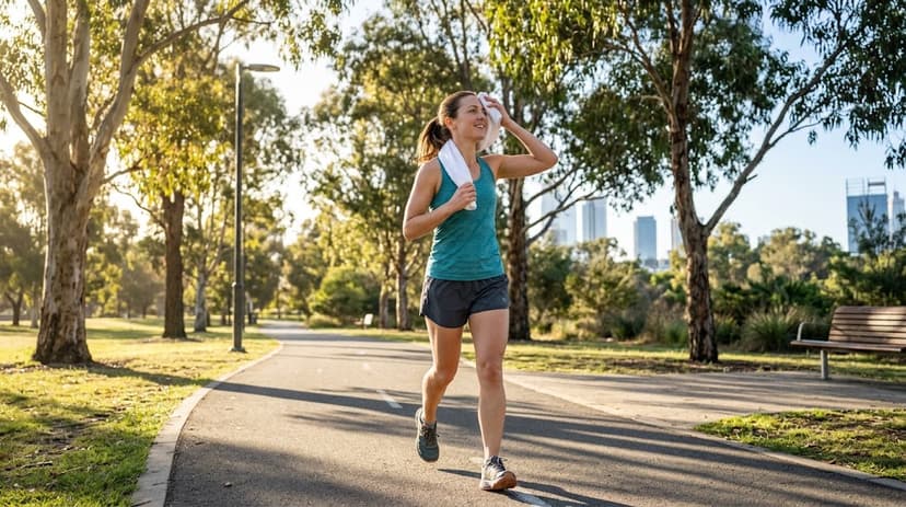 Alt text: a woman jogging on a park trail. She smiles as she wipes her face with a clean towel while running.