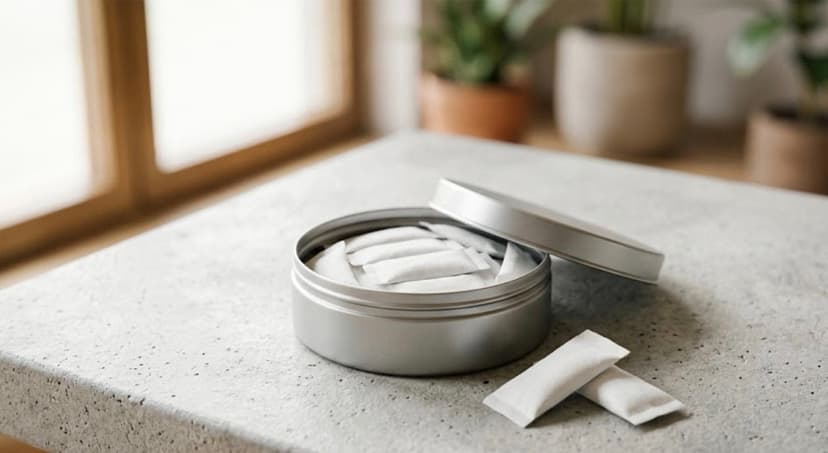 A premium close-up shot of an unbranded round tin and white oral nicotine pouches resting on a modern, sunlit concrete surface.