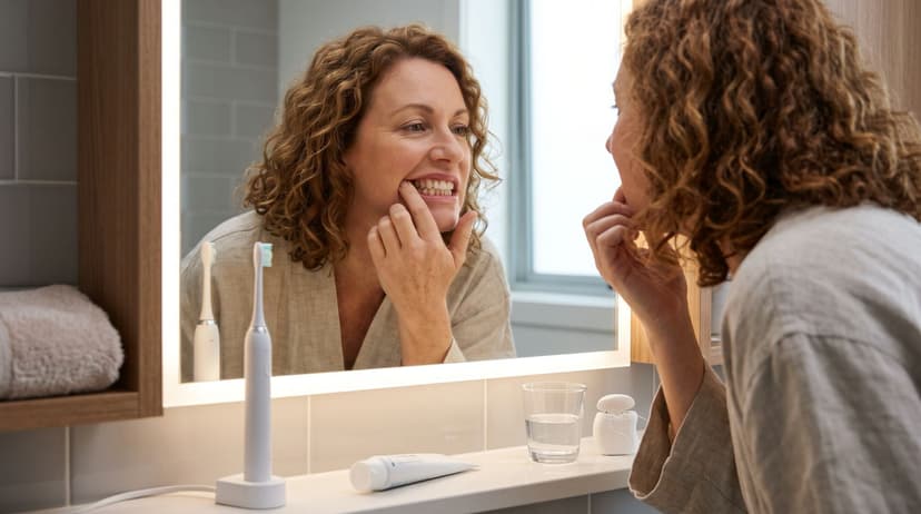 An adult inspecting their healthy smile in a modern sunlit Australian bathroom, representing proactive oral health and gum care.