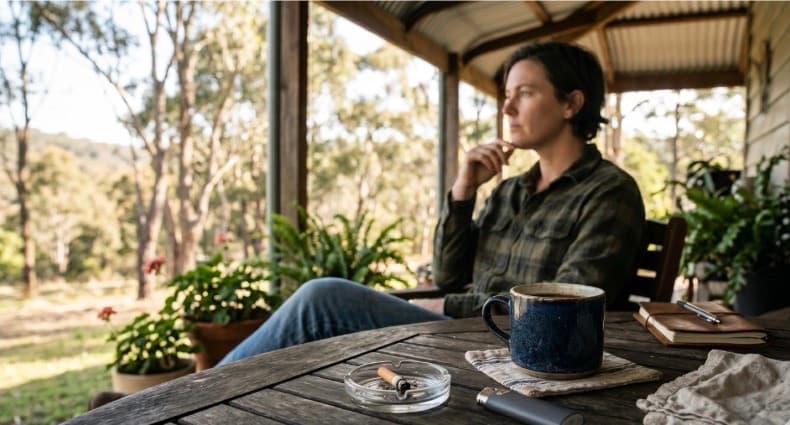 A burnt cigarette in an ash tray on an outdoor timber table next to a coffee mug, illustrating the hidden health and cancer risks of smoking 1 to 2 cigarettes a day.