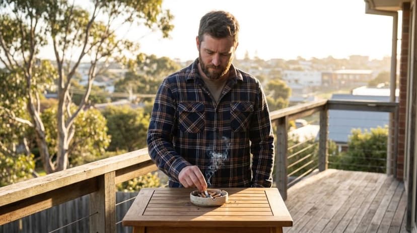 an adult male standing on a balcony, he just finished smoking one cigarette and he is pressing the used butt on an ashtray filled with other used cigarettes.