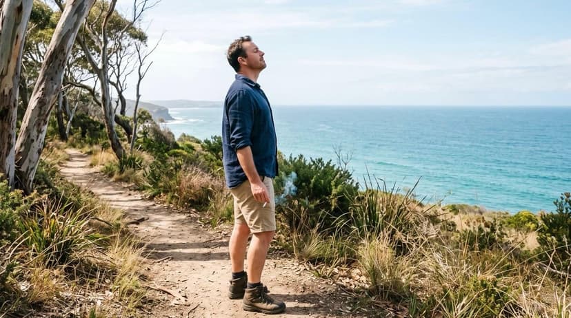 A person taking a deep, healthy breath while standing along a sunlit Australian coastal path, representing clean lungs and cancer prevention.