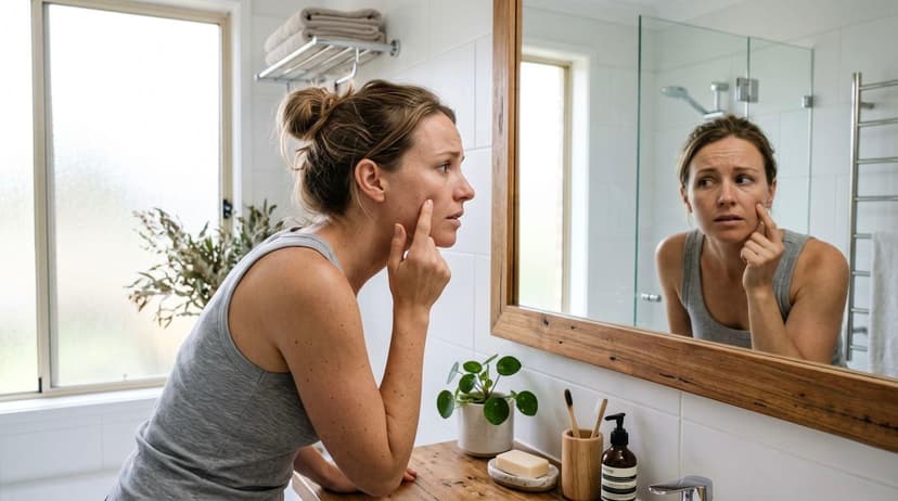 A concerned woman in a grey tank top stands in a sunlit bathroom, looking into a large, wooden-framed mirror and pointing at an acne spot on her cheek. Her reflection mirrors a worried expression. A potted plant and toothbrush holders are on the vanity. The background features white subway tiles and a window.