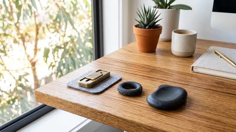three kinds of fidget toys for smokers lined up on top of a desk
