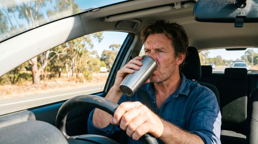 A close-up photograph from inside a car shows a man with brown hair and a blue shirt, driving and taking a sip from a large, silver insulated tumbler while steering with one hand. Through the windshield, a dry, tree-lined Australian road is visible on a sunny day.