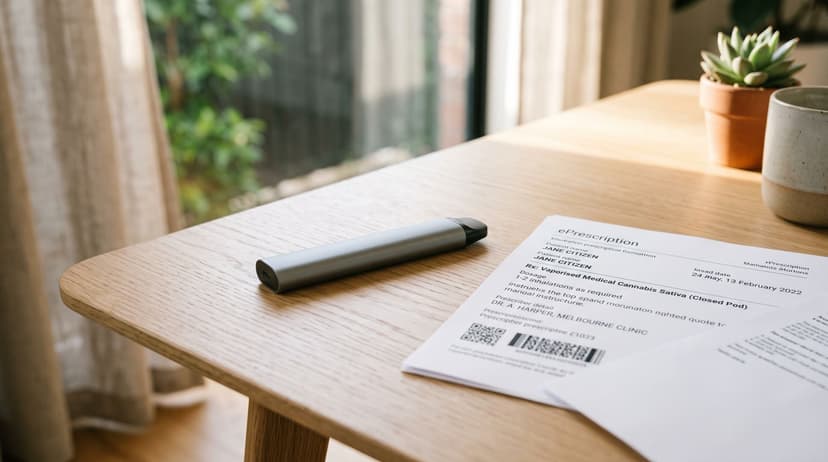 A prescribed therapeutic vape pod device and medical paperwork resting on a sunlit wooden table in Australia.