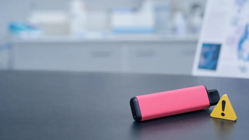 Unbranded disposable vape beside a yellow warning symbol