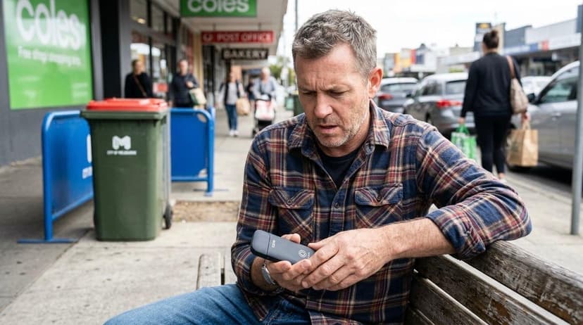An adult Australian man in his 40s sits on a public bench outdoors, wearing a flannel shirt and holding an IQOS ILUMA device with a questioning facial expression. The background shows a suburban shopping strip.