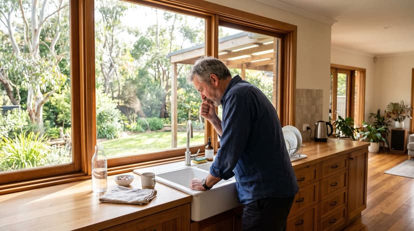 A person in his late 50s standing at a kitchen sink and coughing profusely as if he is suffering a severe symptom of a chronic throat pain caused by his years of smoking.
