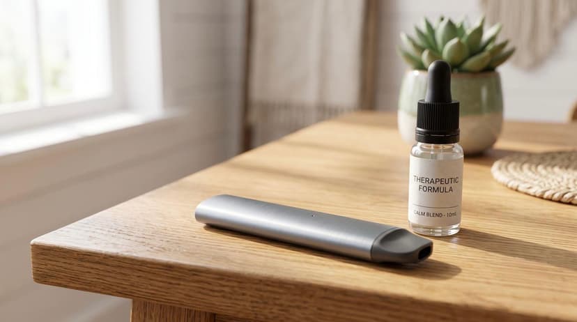 A close-up shot of a sleek, minimalist therapeutic vape pod resting on a sunlit wooden table, representing legal pharmacy-grade smoking alternatives in Australia.