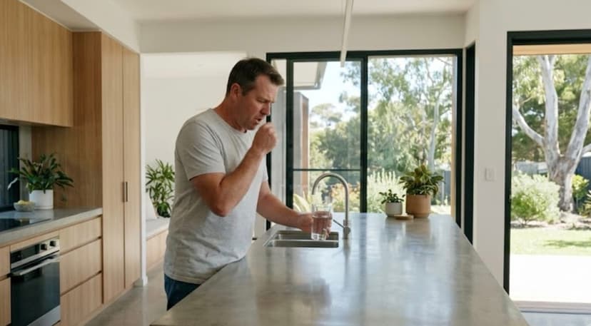 A wide-angle lifestyle photograph of a 45-year-old man standing by a modern kitchen island, holding a glass of water and coughing slightly as part of his respiratory recovery after quitting smoking.