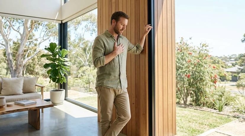 Australian man enjoying a peaceful moment outdoors on a sunlit timber deck, showcasing improved heart health after quitting smoking.