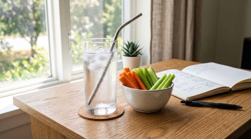 A clean close-up shot of a glass of ice water with a metal straw and fresh vegetable sticks on a bright desk, illustrating healthy substitutes for the hand-to-mouth habit.