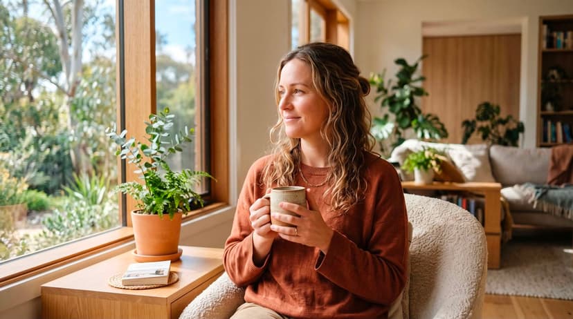 A relaxed person sitting near a sunlit window holding a warm mug in a modern Australian home, demonstrating healthy ways to manage stress without smoking.