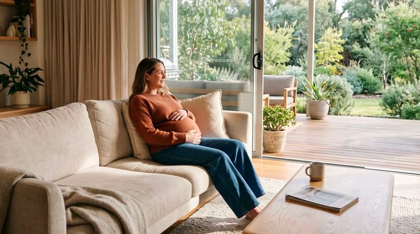 A pregnant woman sitting comfortably in a bright sunlit Australian living room looking outwards with hopeful facial expression.