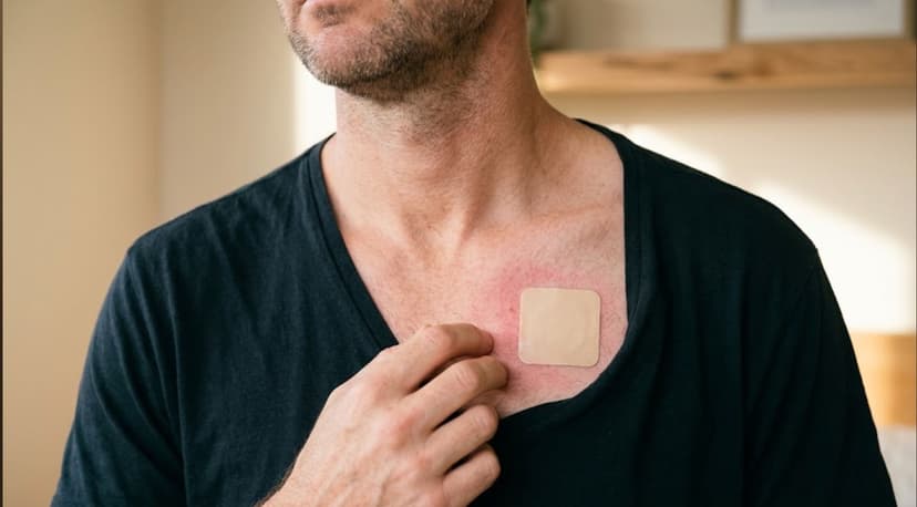 A natural, close-up photograph of a man’s upper chest, neck, and lower jawline, showing him gently scratching a red, irritated patch of skin next to a square, beige transdermal patch on his chest. He wears a loose, dark V-neck t-shirt, and the background is softly out of focus with warm natural lighting in a bedroom.