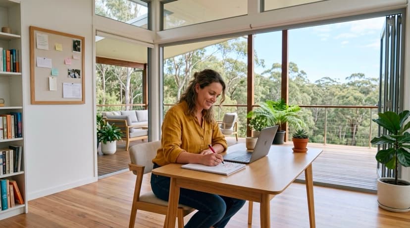 A wide-angle lifestyle photo of a person marking a firm start date on a minimalist wall calendar in a modern, sunlit Australian home office, representing the choice to make a clean break from smoking.