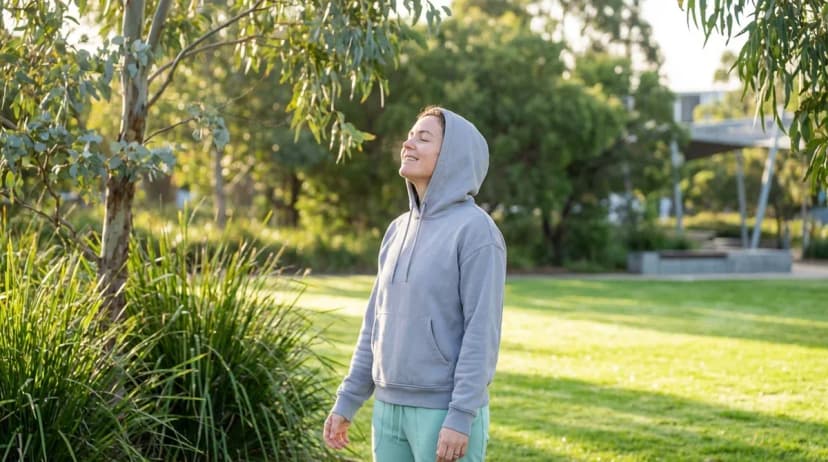Person breathing fresh air in an Australian park, symbolising health recovery after quitting smoking