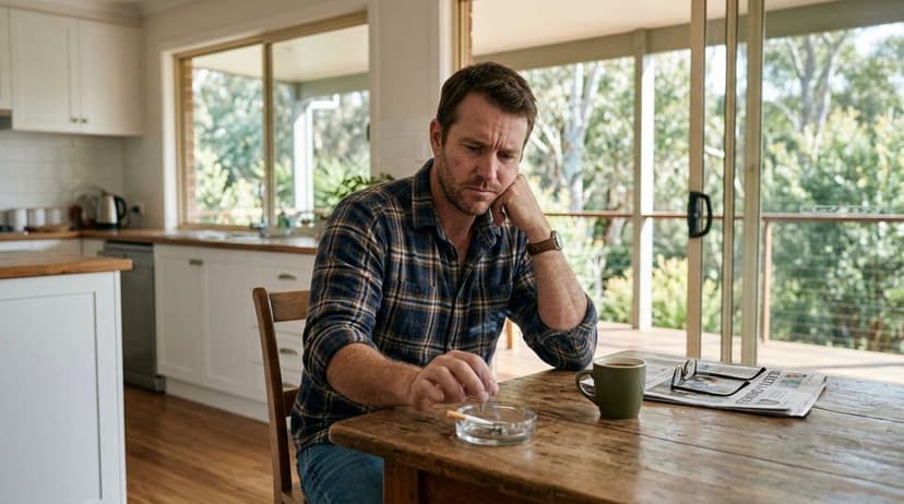 a man in his 30s sitting in the kitchen and hesitantly looking at a lit cigarette in an ash tray as if he is contemplating something deep.