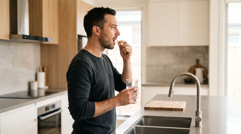 A side-profile medium shot of a man in a dark grey long-sleeve shirt standing beside an island sink in a bright modern kitchen, raising a yellow vitamin capsule toward his open mouth while holding a clear glass of water.
