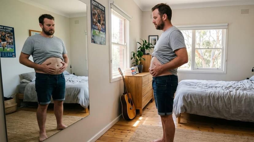 A bearded man in a grey t-shirt and blue denim shorts stands barefoot in a bedroom, lifting his t-shirt with both hands to examine his midsection in a large, full-length mirror mounted on the wall. His reflection shows his front view as he body-checks. The room contains a made bed, a dresser, a guitar, and several posters on the wall.