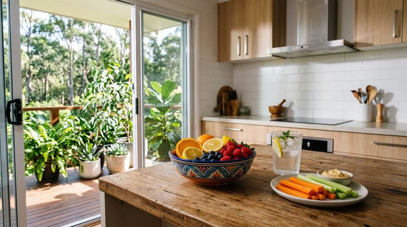 A bright Australian kitchen counter with citrus fruits, berries, and crunchy vegetables that help reduce smoking cravings.