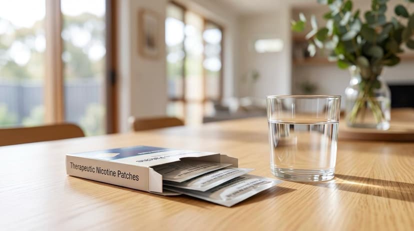 An organised modern Australian kitchen counter with a box of nicotine replacement therapy patches, a glass of water, and a notebook.